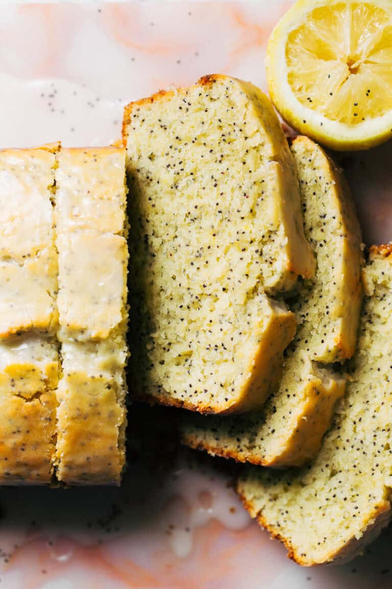 overhead shot of sliced lemon poppy seed bread