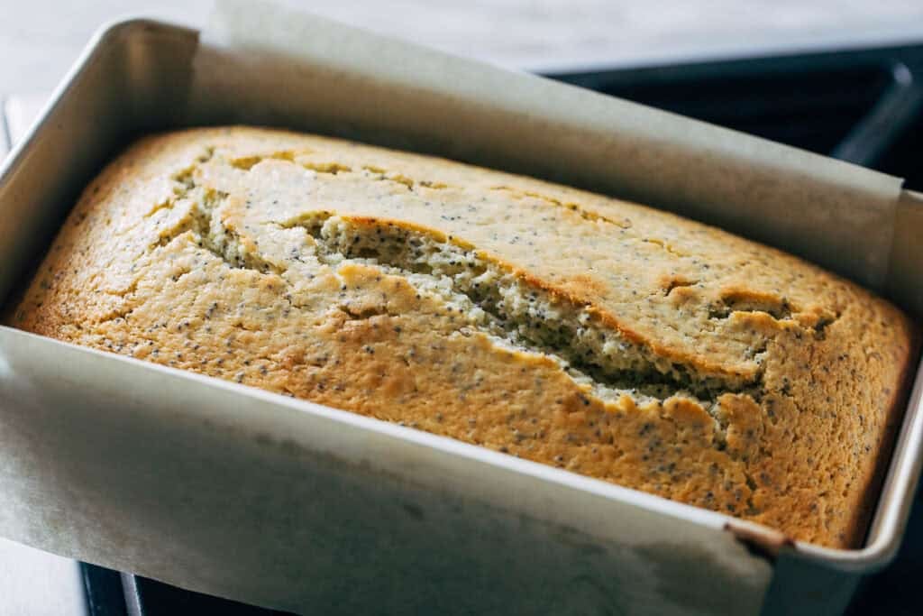 process shot freshly baked lemon poppy seed bread
