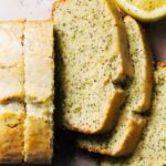overhead shot of sliced lemon poppy seed bread