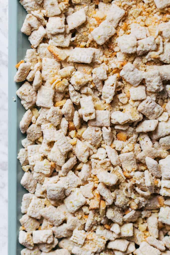 overhead shot lemon puppy chow on a tray