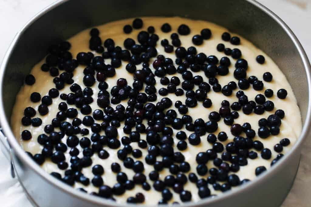 process shot mixing blueberries into lemon yogurt cake batter