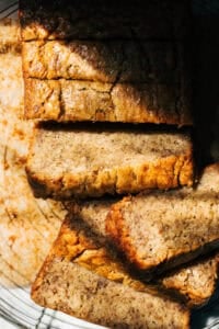 overhead shot of sliced banana bread