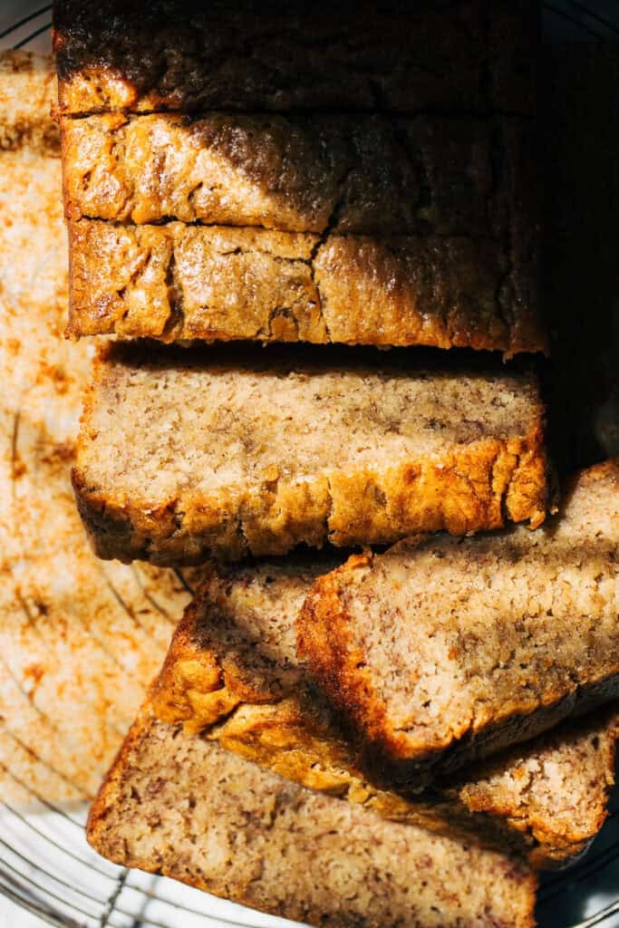 overhead shot of sliced banana bread