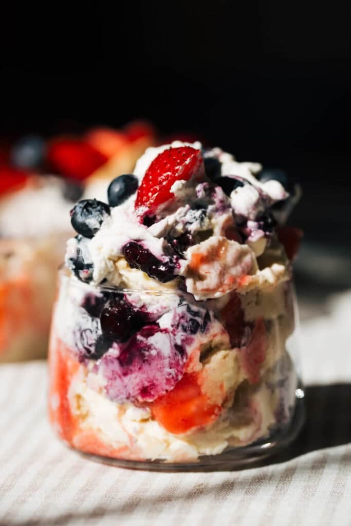 serving of berry chantilly cake pudding in a parfait glass