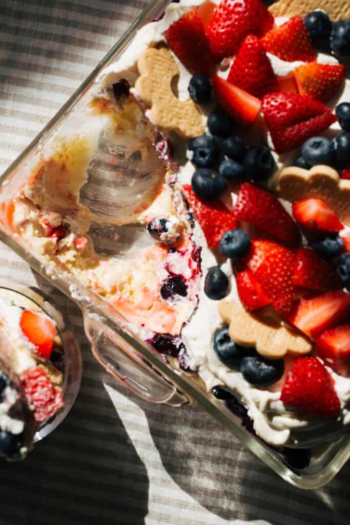 bite shot of berry chantilly cake pudding