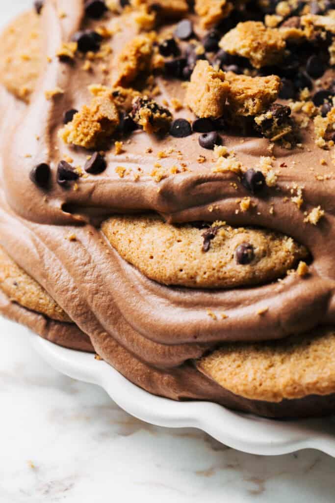 close up on a chocolate mousse cookie cake