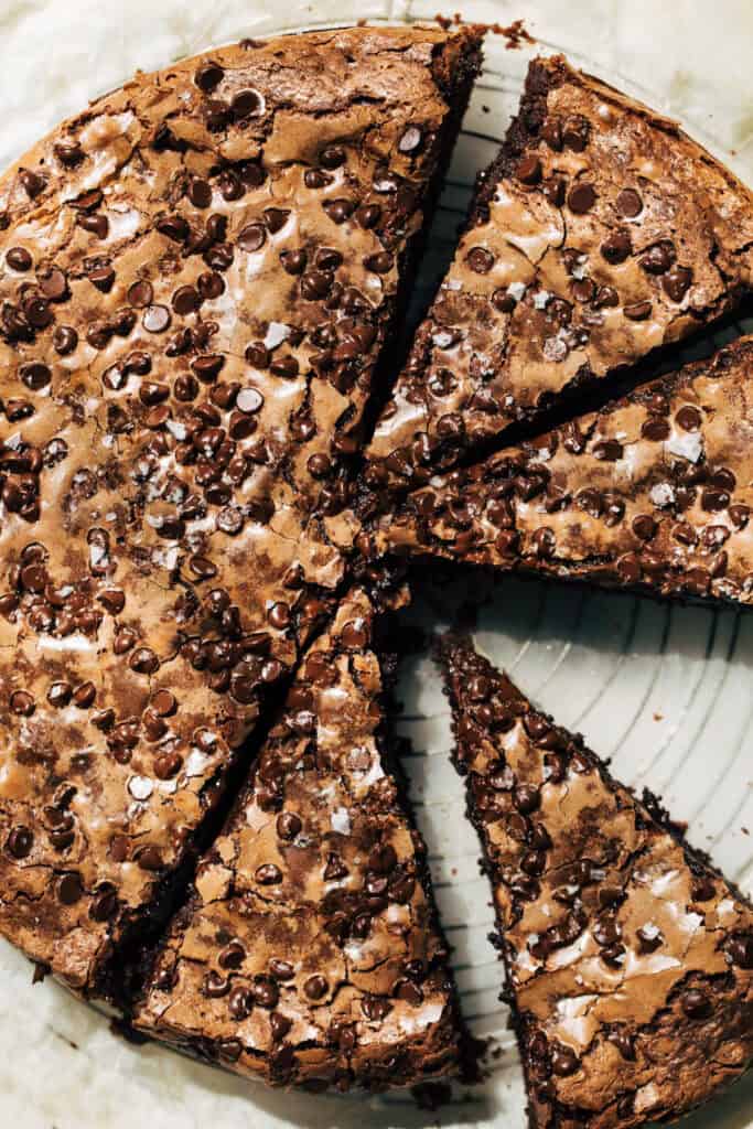 overhead shot of sliced brownie batter butter cake